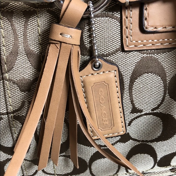 Coach Beige and Brown Signature Shoulder Bag With Tassel (BG1) - Picture 3 of 13